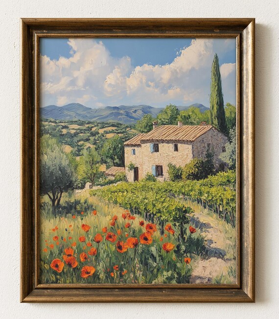 Poppy Field Cottage Painting Rustic Vintage Style Art Print 849