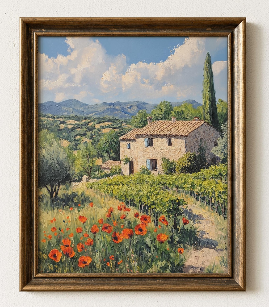 Stone Cottage Poppy Field Vineyard Mediterranean Oil Art Print