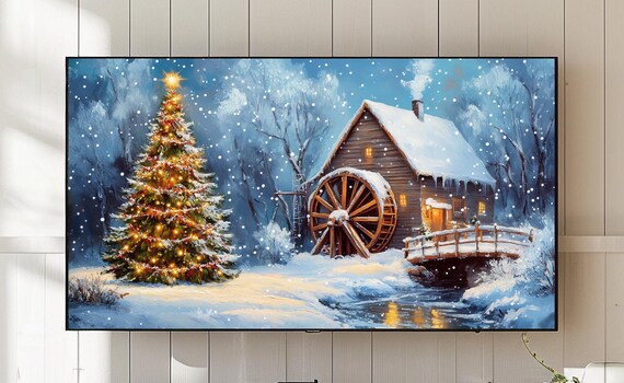 Snowy Watermill Cottage Lit Christmas Tree Winter Wonderland Poster