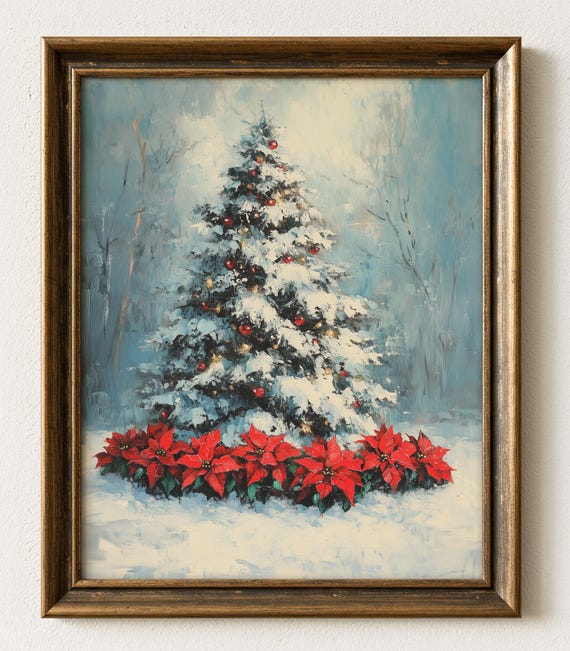 Winter Fir Tree Poinsettias Painting Snowy Christmas Wall Art 563
