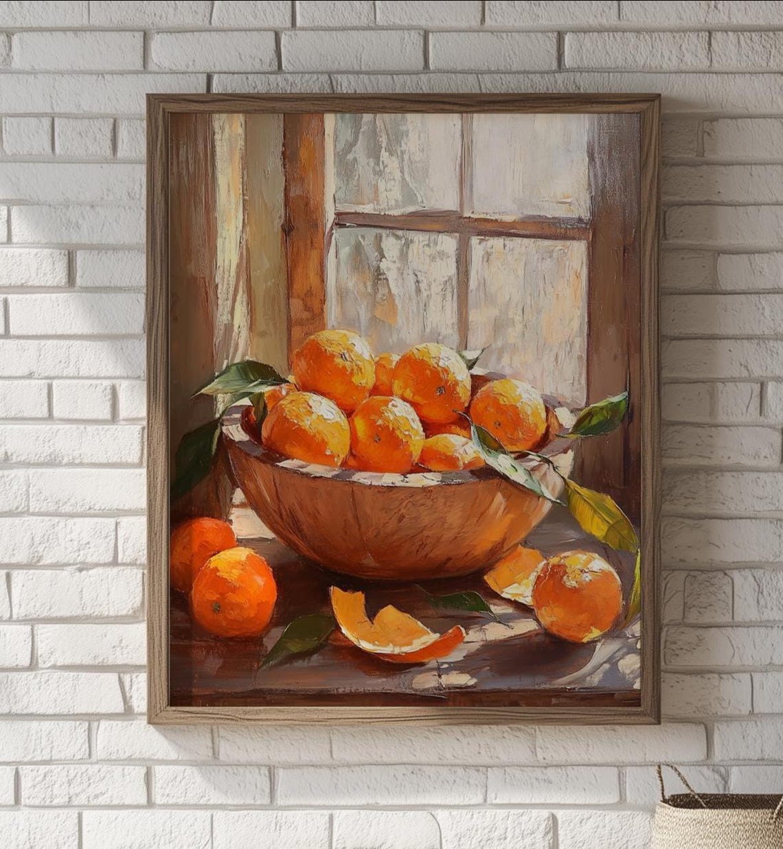 Vintage Oranges Wooden Bowl Window Light Rustic Kitchen Oil Poster
