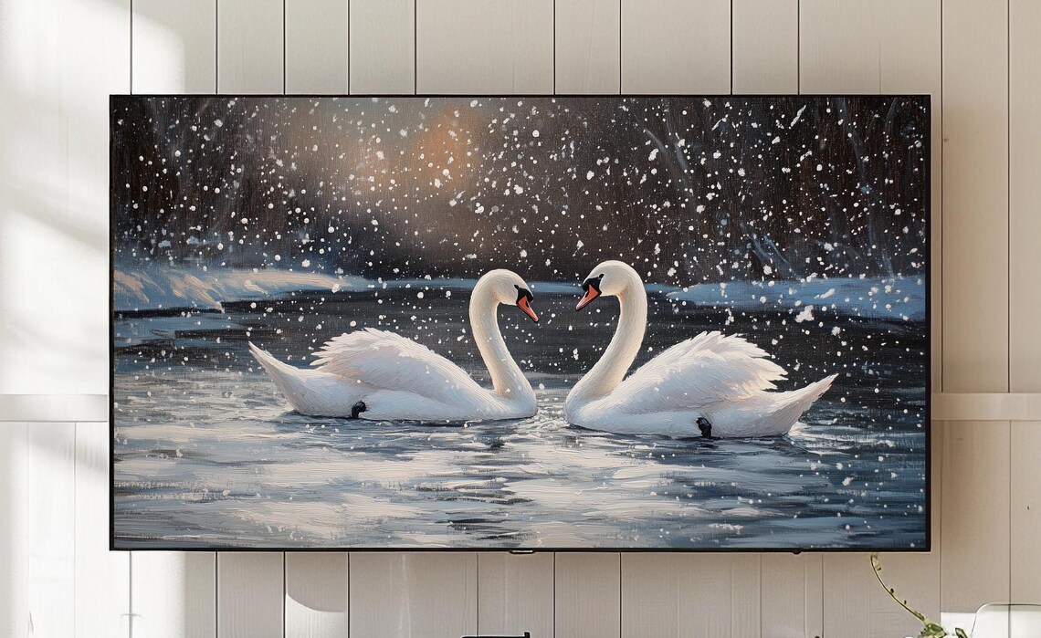 Swan Pair in Falling Snow Elegant Winter Wildlife Water Scene Art Poster