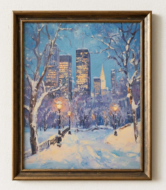Winter Night In Central Park Snowy Landscape Vintage Oil Painting Rustic New York City Art Cozy Wall Decor 909