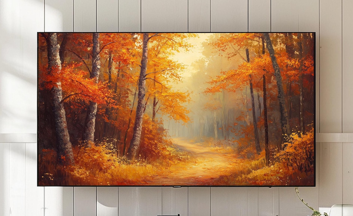 Golden Autumn Forest Path Misty Birch Trees Oil Painting Nature Poster