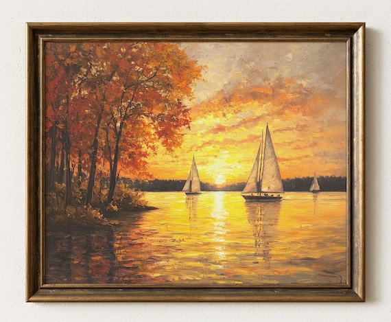 Autumn Sunset Harbor Sailboats Gold Water Fall Evening Art Poster