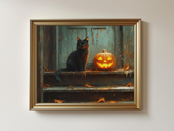 Spooky Halloween Porch Print Black Cat Jackolantern 113