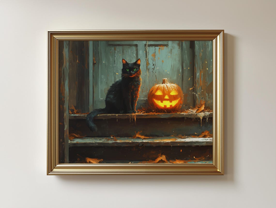 Black Cat With Jack O Lantern On Spooky Porch Halloween Art Poster