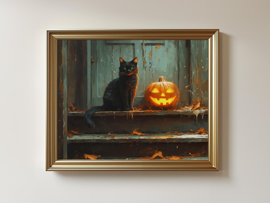 Spooky Halloween Porch Print Black Cat Jackolantern 113