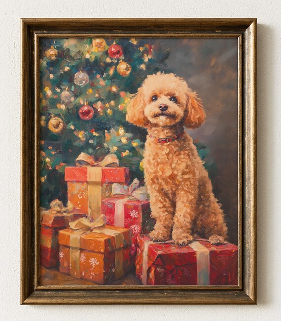 Adorable Apricot Poodle Puppy on Christmas Gifts Holiday Poster