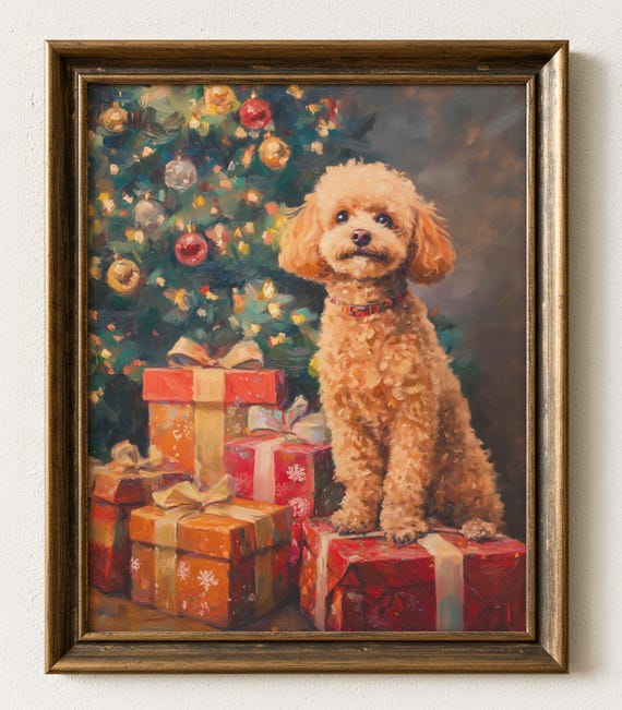 Festive Poodle Dog At Christmas Tree Vintage Holiday Decor Pet Art Gifts Scene Rustic Winter Wall 903