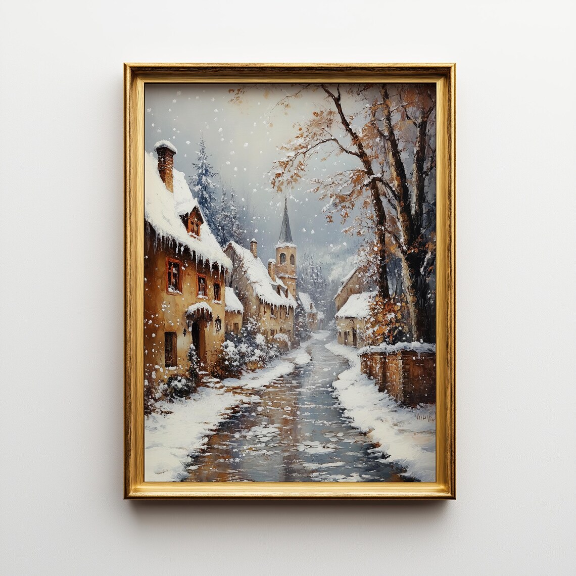 Snowy Village Cobblestone Street Church Spire Winter Painting Poster