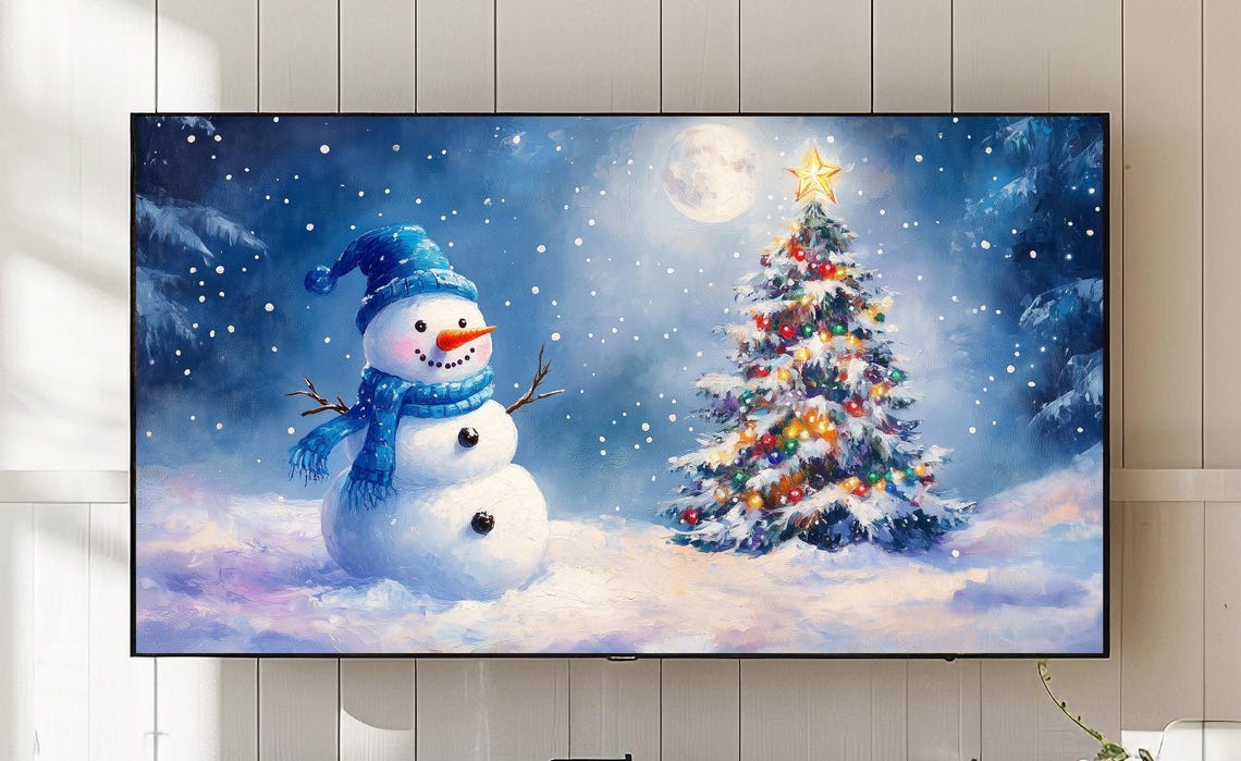 Snowman Christmas Tree Winter Scene Tv Art 781