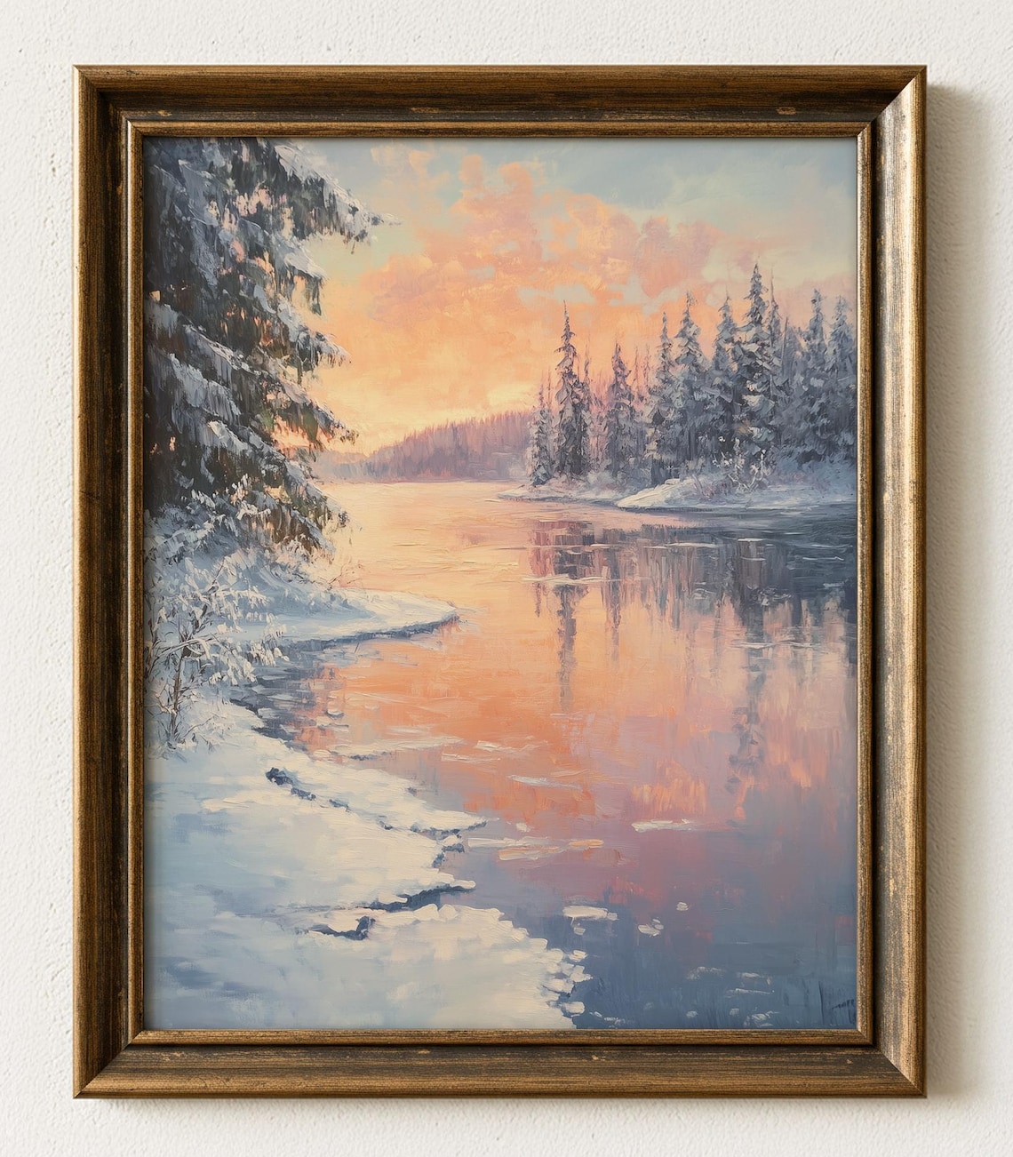 Winter Sunrise On Frozen Lake, Rustic Snowy Landscape