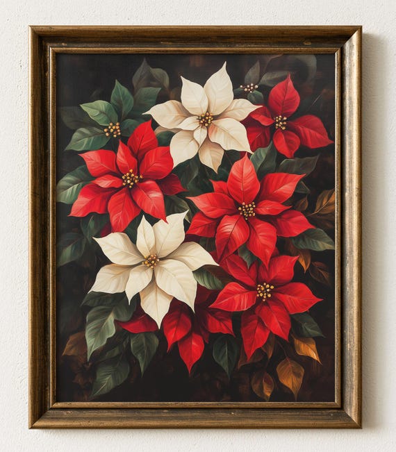 Vintage Poinsettia Oil Painting Red White Floral Christmas Decor Art 615