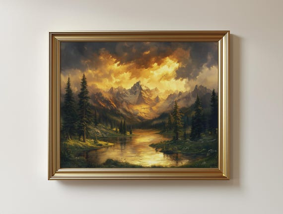 Mountain Valley Sunset Oil Painting Moody Landscape Art Print 383