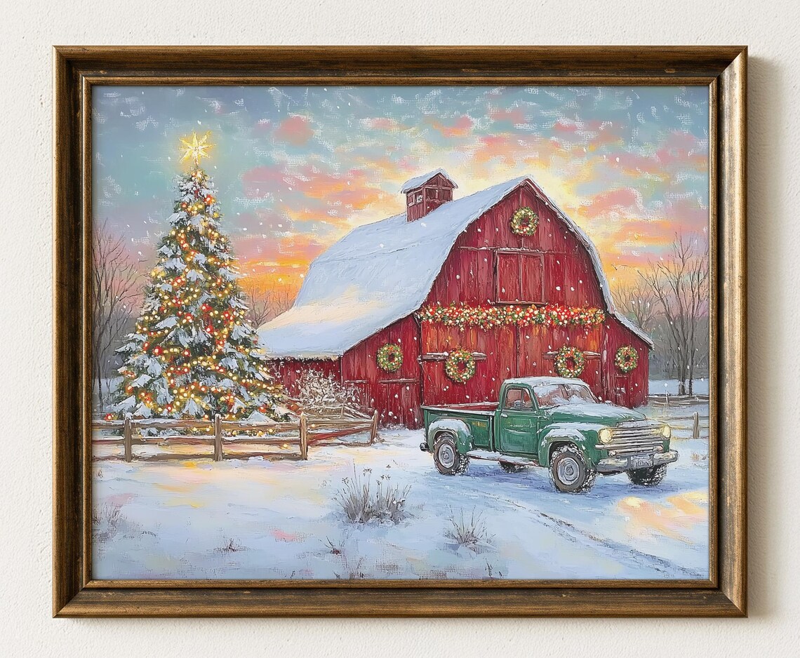 Rustic Christmas Barn Print Snowy Tree Vintage Farmhouse Decor 624