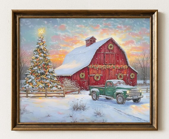Rustic Christmas Barn Print Snowy Tree Vintage Farmhouse Decor 624