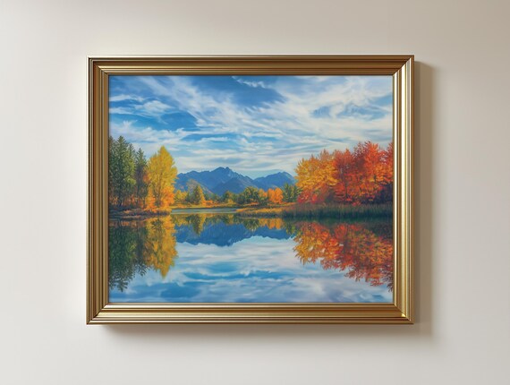 Autumn Lake Landscape Art Print Colorful Fall Trees 444