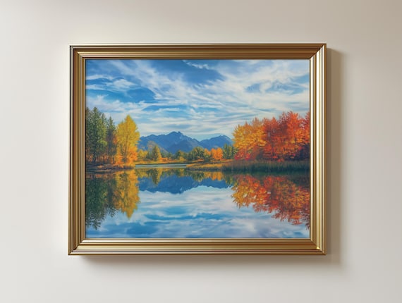 Autumn Lake Mirror Reflection Mountains Fall Colors Blue Sky Art Print