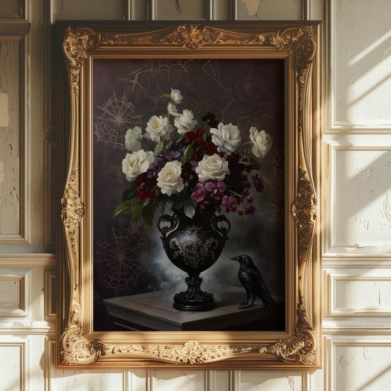 White Floral Art Print Antique Moody Rose Oil Painting Dark Floral Still Life Vintage White Roses Moody Wall Art Art