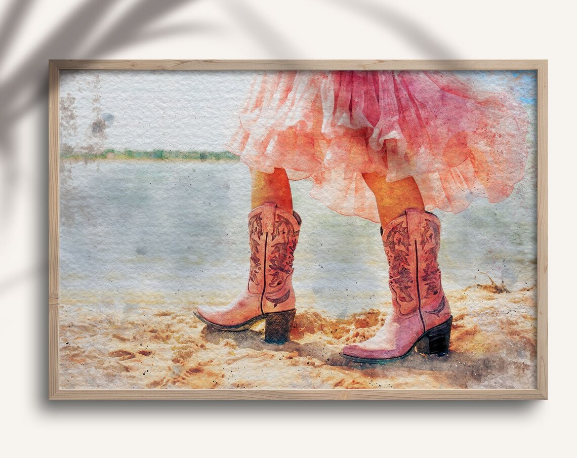 Coastal Artful Girly Cowgirl Instant Cowgirl In Pink Tutu Boots Watercolor Print Girly Preppy Wall Art Gift West01
