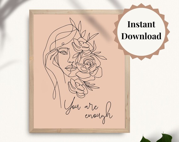 You Are Enough Line Art Woman Peach Floral Minimalist Poster