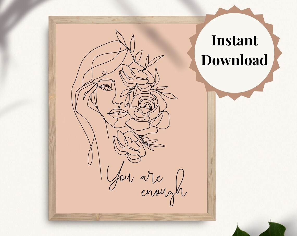You Are Enough Line Art Woman Peach Floral Minimalist Poster