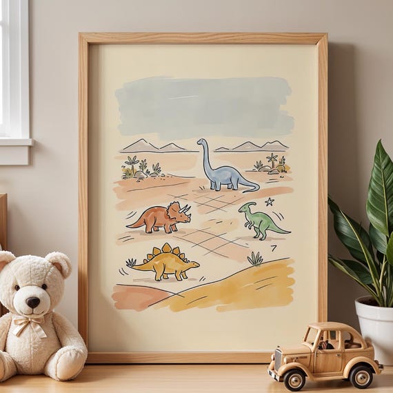 Dinosaur Nursery Wall Art Minimalist Kids Room Decor Neutral Boy Bedroom Print Scandinavian Playroom Poster Educational Dino