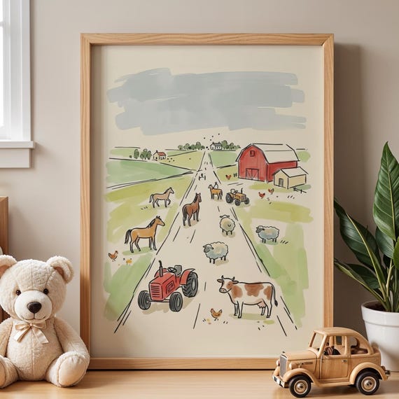 Farm Animal Nursery Wall Art Modern Farmhouse Kids Room Print Calming Countryside Playroom Poster Country Baby Boy Or Girl Bedroom Paint