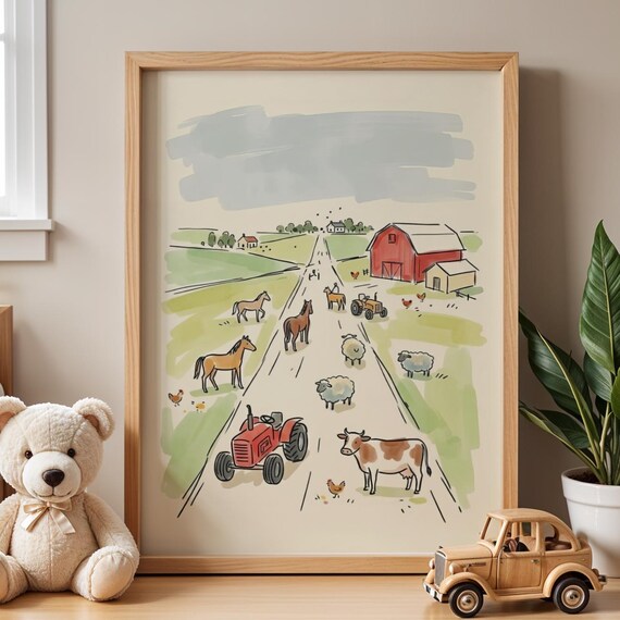 Farm Animals Nursery Watercolor Poster Horses Sheep Cow Red Barn Decor