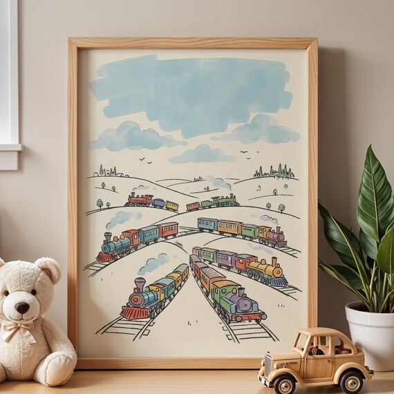 Bright Colorful Toy Trains Crossing Rolling Hills Nursery Poster