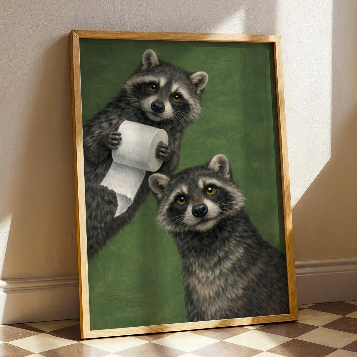 Funny Raccoons with Toilet Paper Whimsical Bathroom Animal Art Poster
