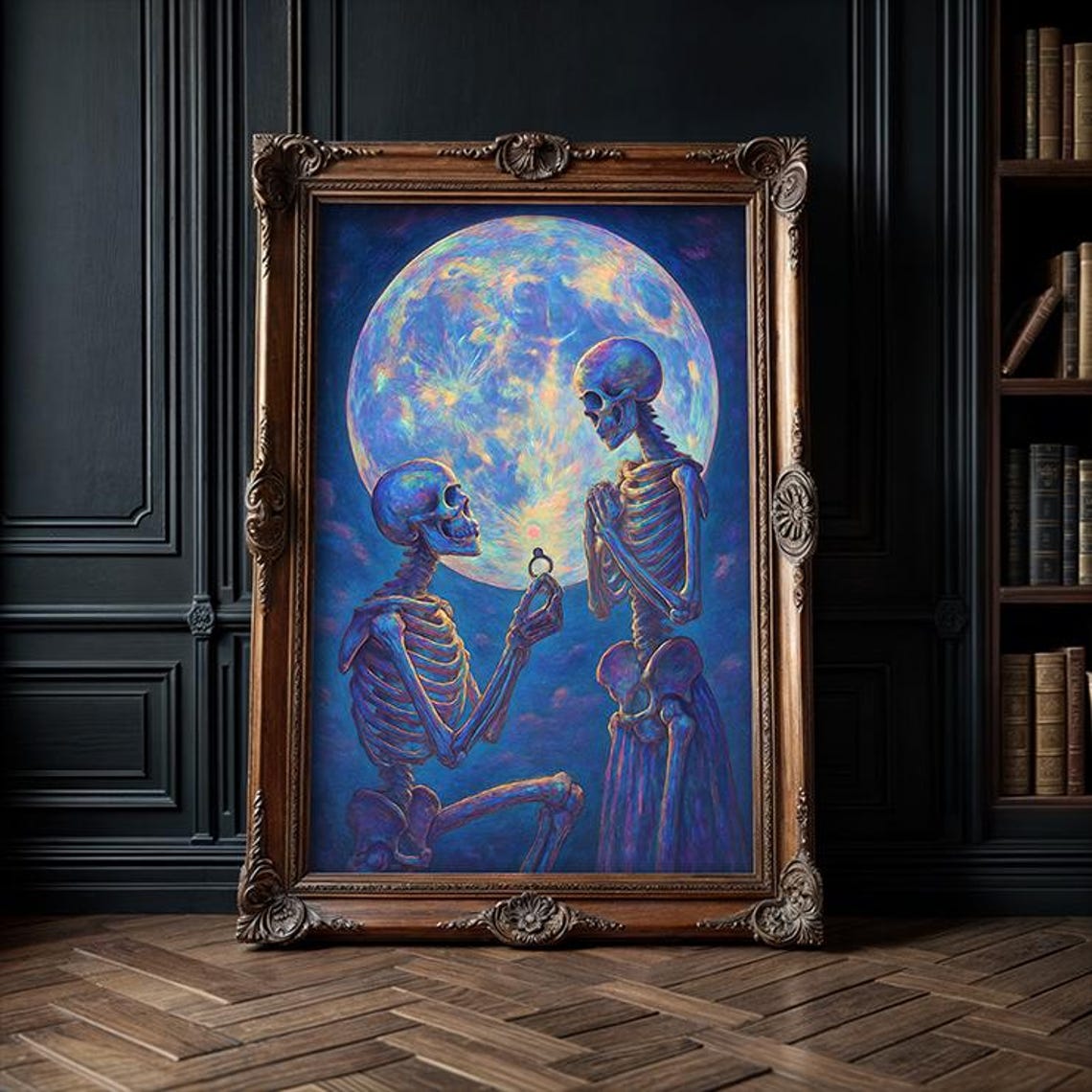 Skeleton Engagement Iridescent Skeletons Couple Print Gothic Romantic Dark Academia Art