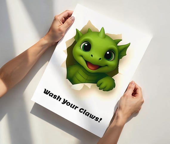 Baby Dragon Bathroom Poster Wash Your Claws Funny Art Print