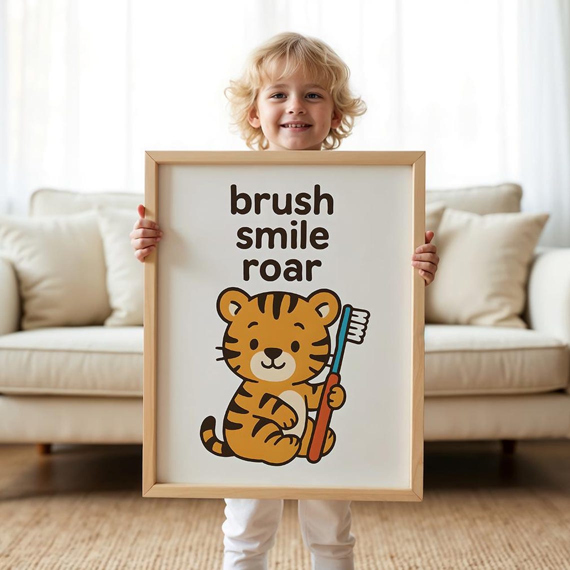 Brush Smile Roar Cute Tiger Poster for Kids Bathroom Wall Decor