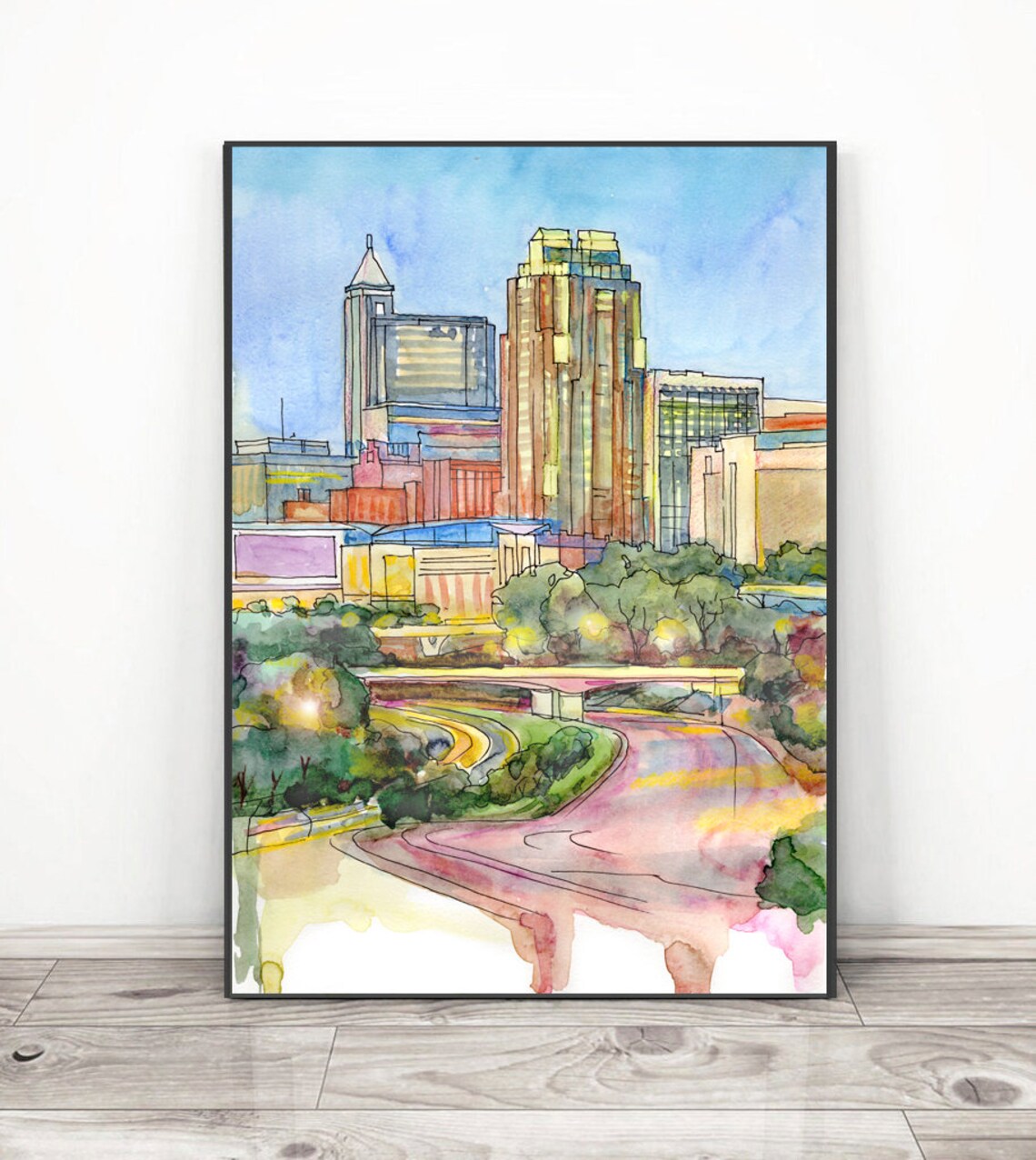 Raleigh NC Skyline Watercolor Downtown Cityscape Urban Art Poster