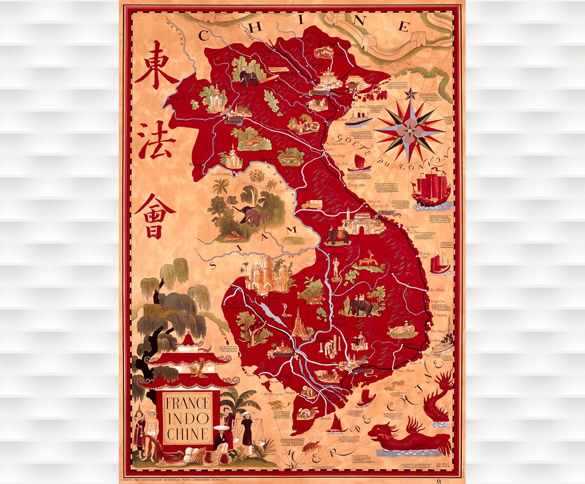 France Indochine French Indochina Pictorial Map Red Vintage Poster