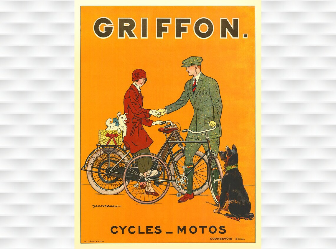 Griffon Cycles Motos Courbevoie Couple Dogs Vintage Bicycle Poster