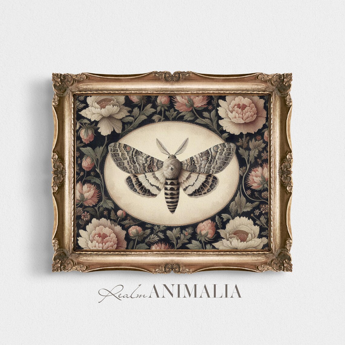 Large Vintage Moth In Oval Medallion Dark Floral Tapestry Poster - Image 4