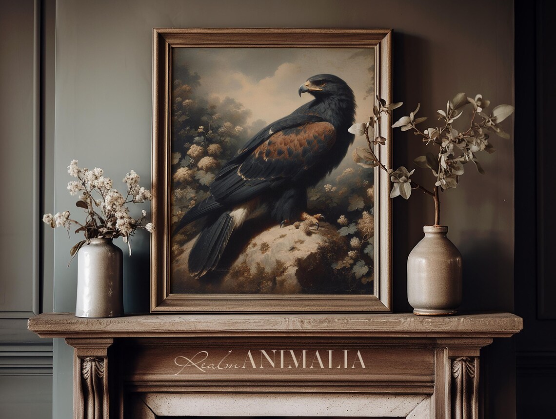 Black Hawk Perched On Rock Moody Classical Wildlife Painting Poster - Image 3