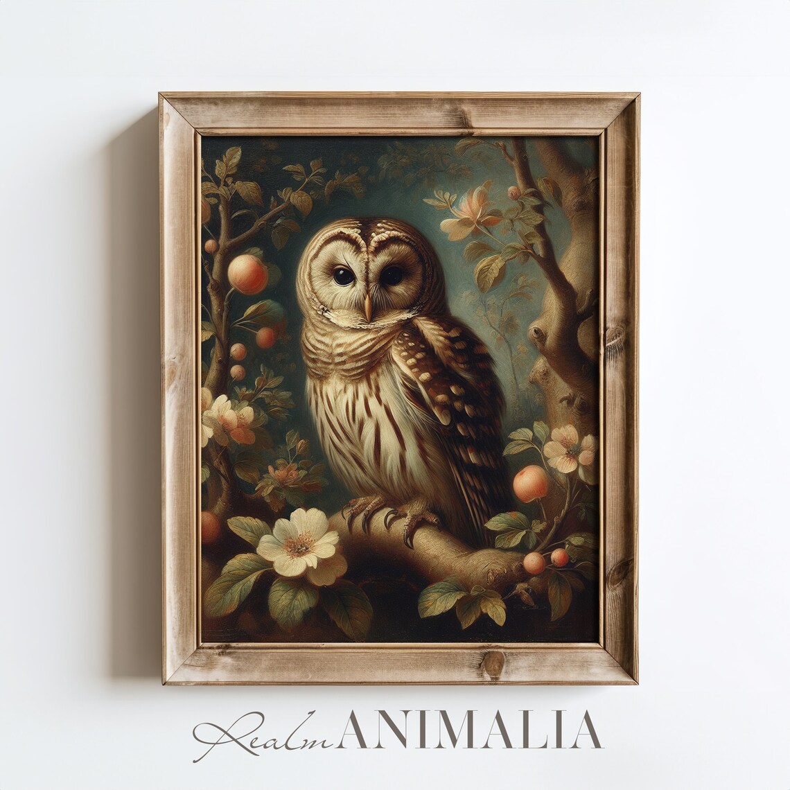 Vintage Barred Owl Oil Painting Blossoming Branch Rustic Bird Poster - Image 2