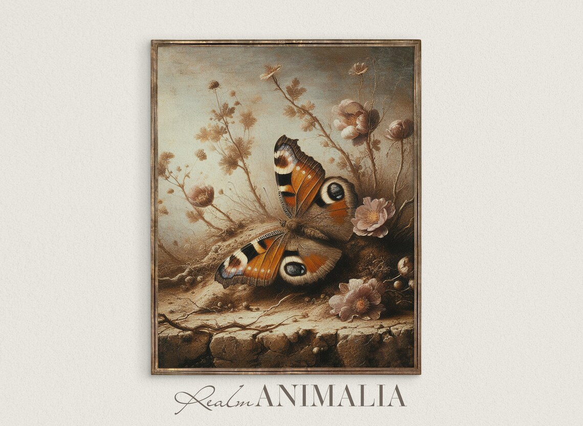 Butterfly Vintage Art Print, Floral Botanical Decor