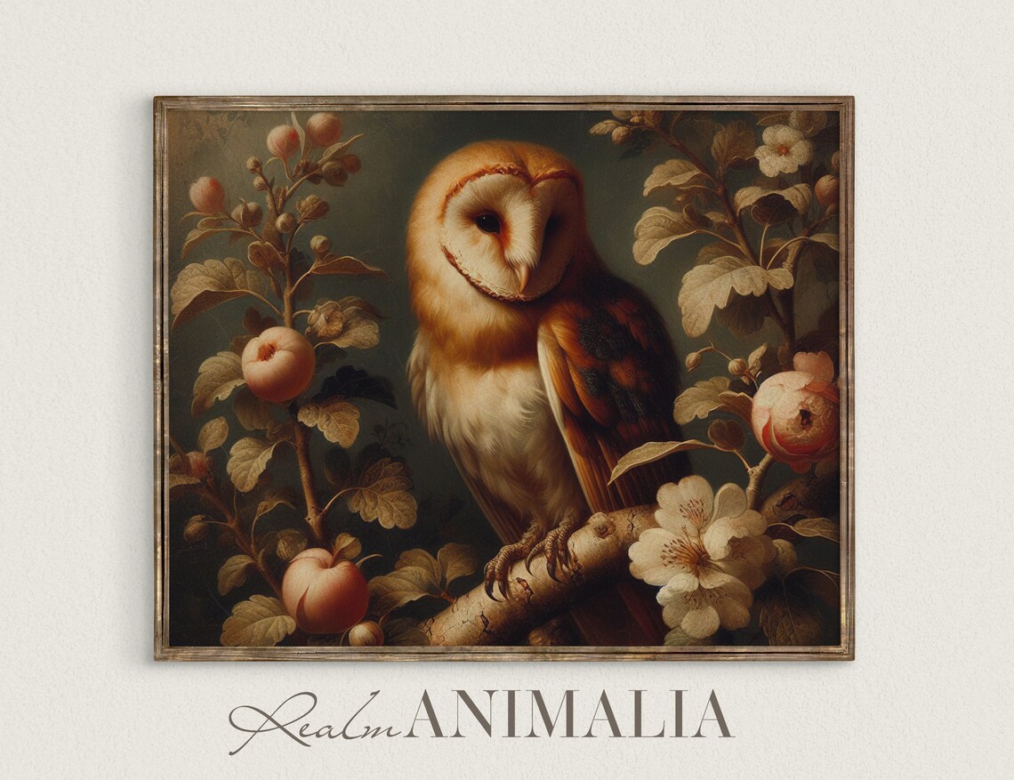Barn Owl On Blossom Branch With Pink Crabapples Vintage Bird Art Print