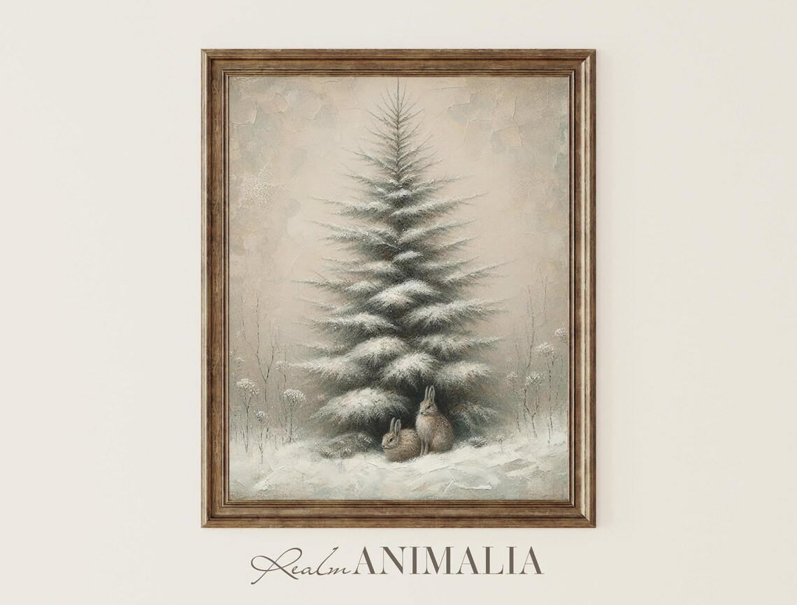 Snowy Pine Tree and Rabbits, Vintage Winter Art Print