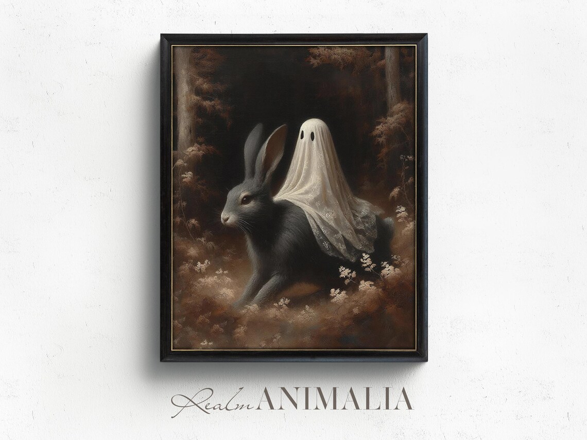 Little Ghost Riding Rabbit Moody Dark Forest Whimsical Halloween Wall Poster - Image 4