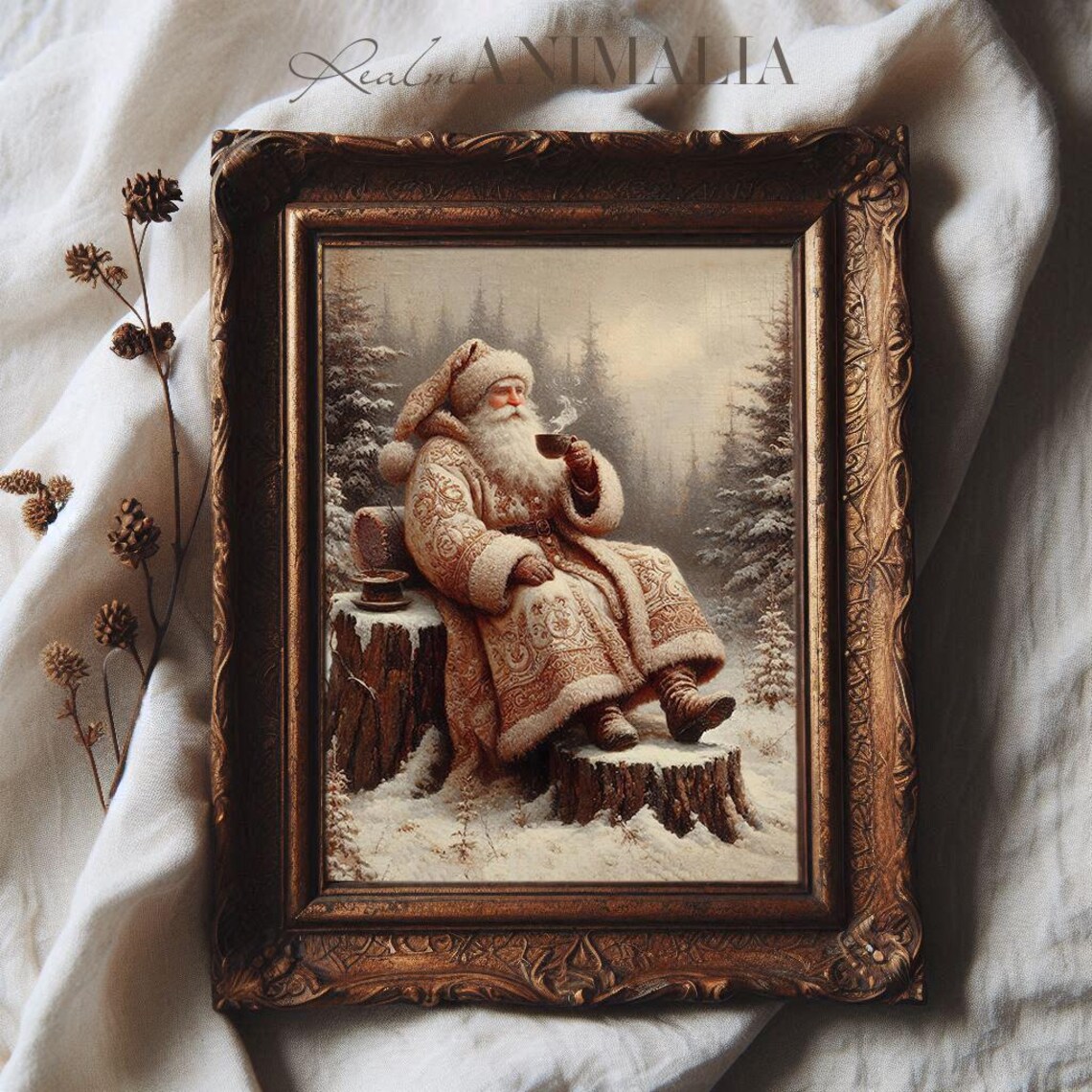 Vintage Santa Drinking Coffee Art Print, Antique Style - Image 3