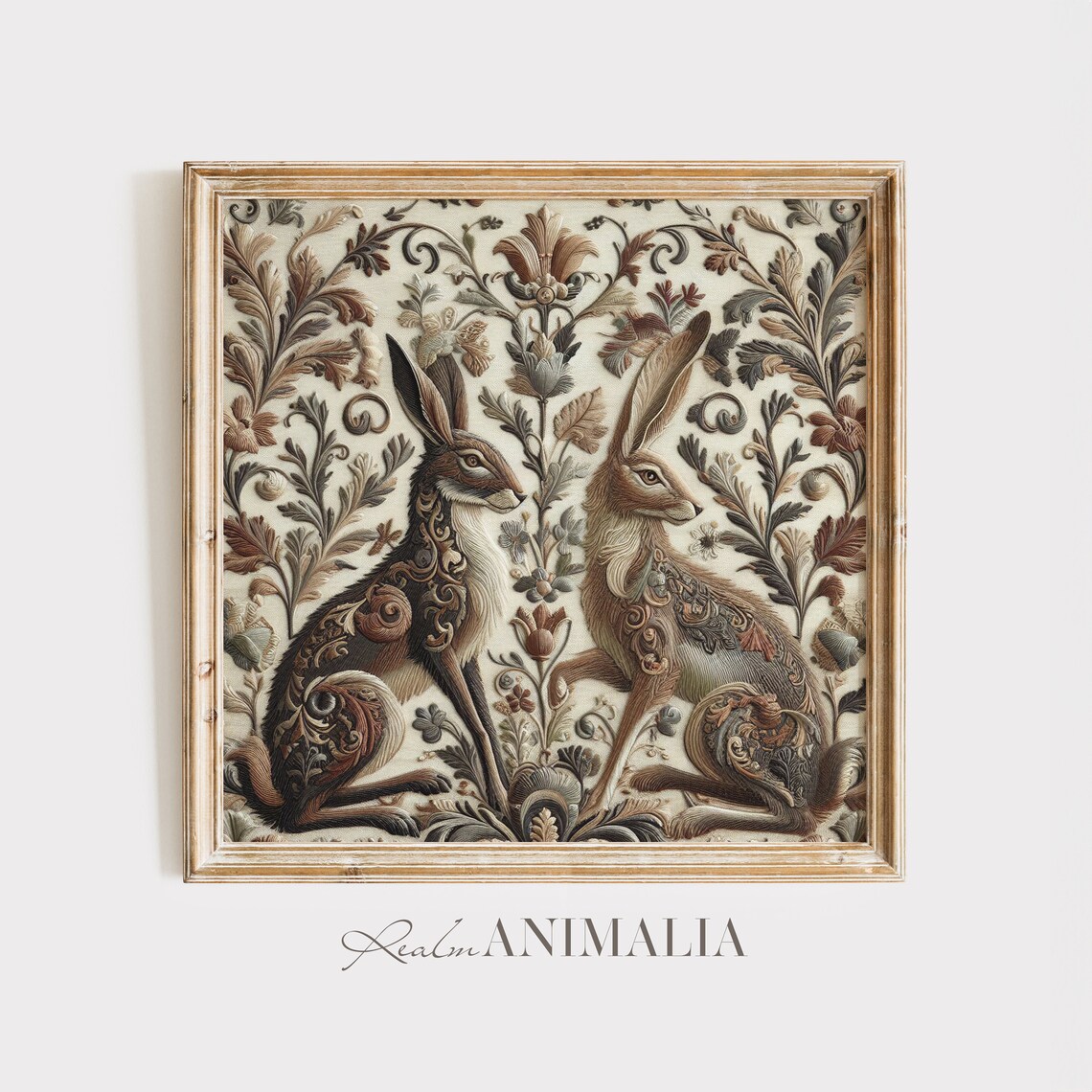 Two Hares In Floral Embroidery Tapestry Neutral Vintage Textile Art Print - Image 2
