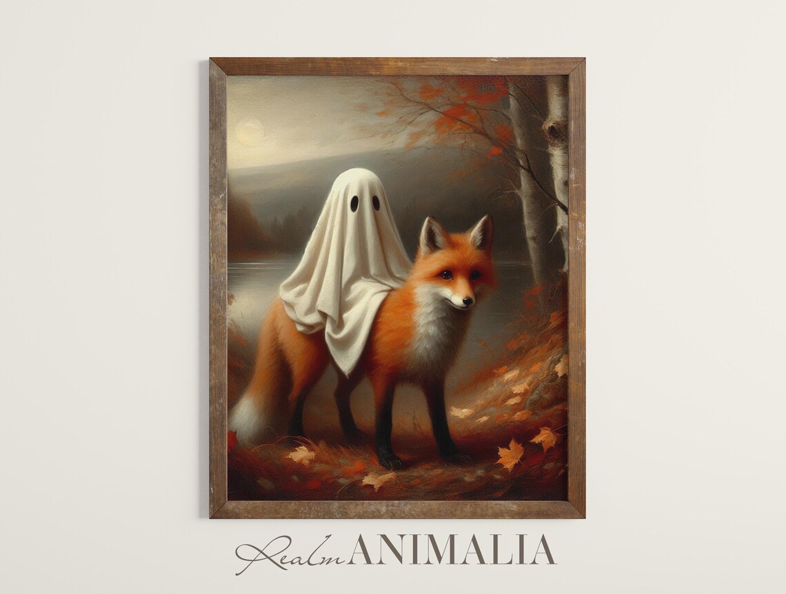 Little Ghost Riding Fox By Lake At Dusk Autumn Birch Halloween Art Poster