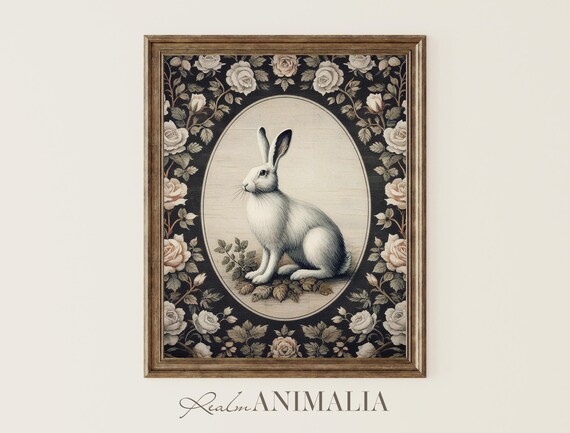 Vintage Rabbit Art Print Floral Cottage Wall Art Moody Textile Art Nursery Room Decor Cottagecore Spring Art Prints Ctg116