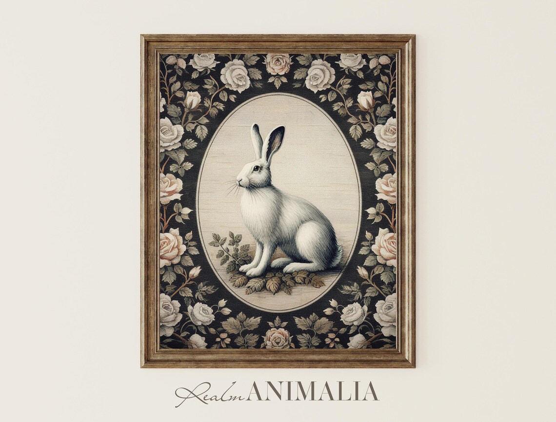 White Rabbit Seated In Oval Medallion Dark Rose Tapestry Vintage Poster